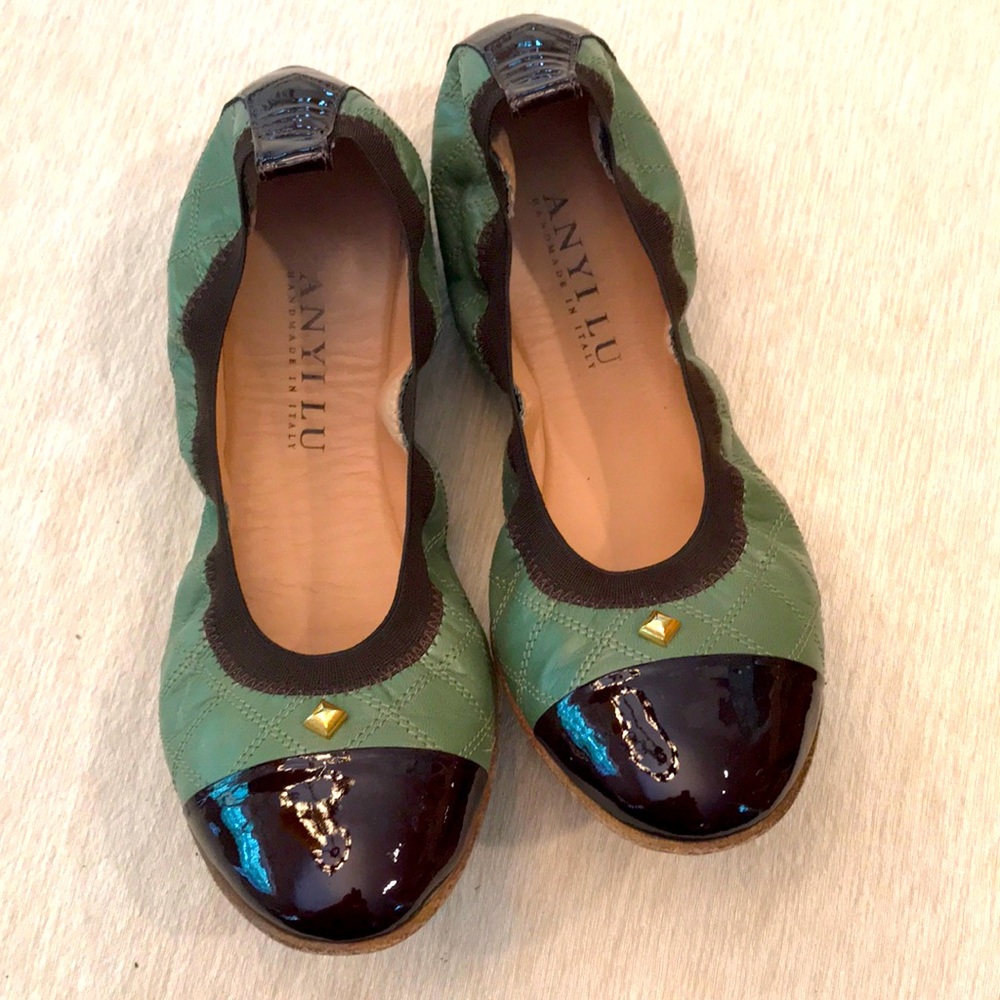 Anyi Lu sage green leather ballet flats Sz8(39)